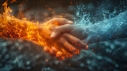 Happy friendship day creative poster, friendship concept with fire and water relation, handshake، Generative Ai - obrazy, fototapety, plakaty