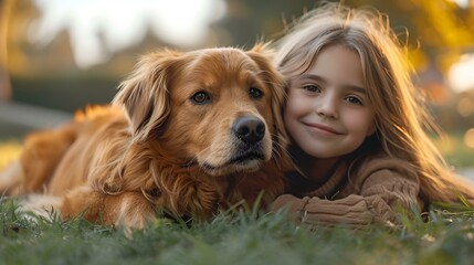 Young girl embracing her golden retriever in a sunset park. joyful companionship captured in golden light. AI