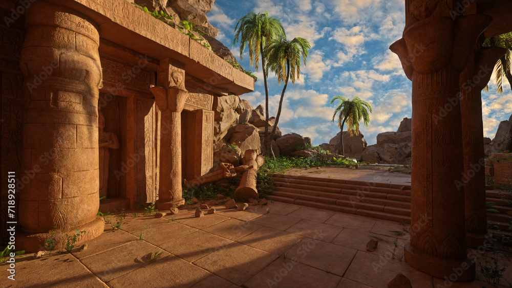 Poster Ruins of an ancient Egyptian temple or tomb with broken stone statue and column. 3D rendering.
