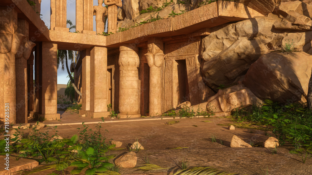 Poster entrance to an ancient egyptian temple or tomb built into the side of a mountain. 3d rendering.