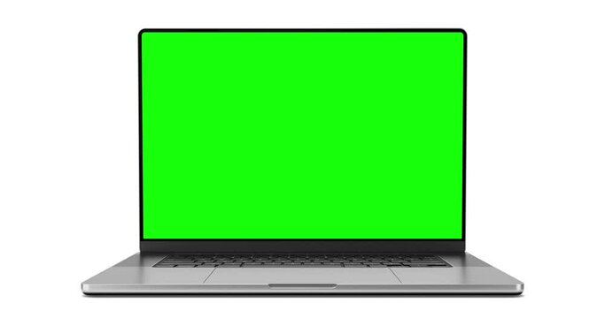 Laptop frameless opening with a smooth camera zoom-out, igniting an empty screen. Set includes layers for screen cutout and tracking: chroma key, blue screen, luma matte, tracking points