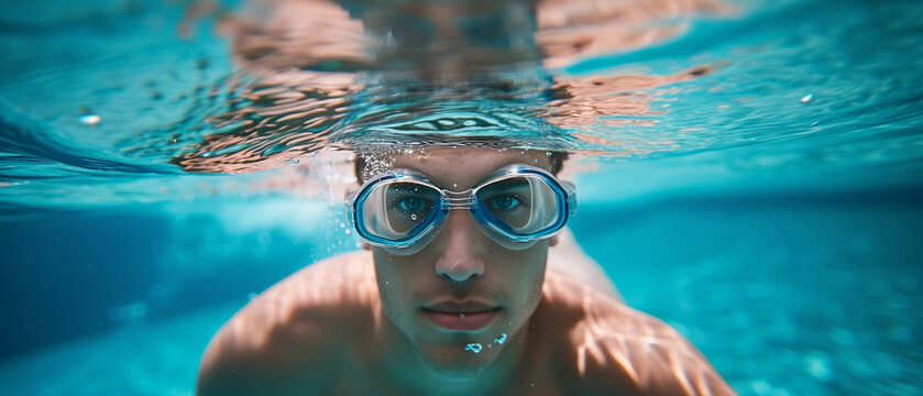 Underwater Serenity: Young Man with Goggles Submerged in Clear Blue Waters, A Moment of Tranquility Captured