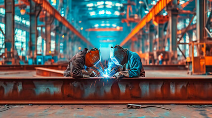 Industrial Welding in Steel Factory, Skilled Worker with Safety Gear, Manufacturing Sparks and Light - obrazy, fototapety, plakaty