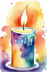 flame of burned candle on colorful background, vibrant watercolor illustration.