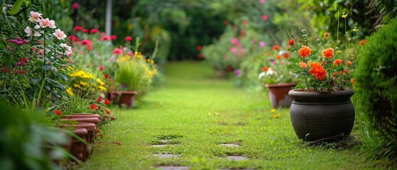 A serene garden path lined with blooming flowers, containers with flower seedlings and terracotta pots on green grass in the golden hour light - obrazy, fototapety, plakaty