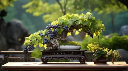 Tischdecke A picturesque scene of a Grape Bonsai on a wooden stand, set against a backdrop of a well-maintained garden, creating a perfect balance of nature and cultivation. © Habib