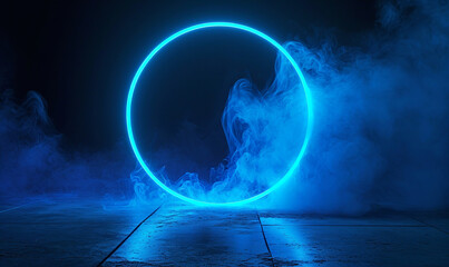 Sparkled circle frame with blue smoke on dark background. Round glowing border.