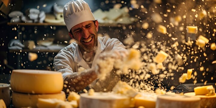 Artisan cheese maker at work in a rustic kitchen. joyful chef in action with flying ingredients. traditional culinary craftsmanship captured in a lively scene. AI