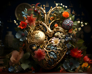 3d illustration of a golden heart with flowers on a dark background