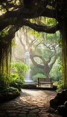 A peaceful scene of a weeping fig tree in a botanical garden, its drooping branches creating a serene ambiance.