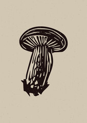 Handmade linocut mushroom vector motif clipart in folkart scandi style. Simple monochrome block print fungi shapes with woodcut paper texture effect. 