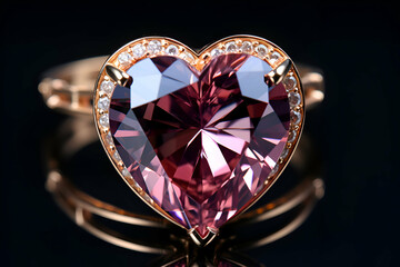Fototapeta premium Wedding ring with a heart shaped gemstone on a black background