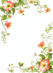 Floral Corner Border Frame Illustration with peach-pink flowers and green leaves on white background