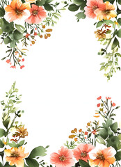Floral Watercolor Frame with Orange Flowers and Green Leaves Border, Decorative Botanical Illustration