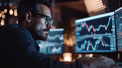 Busy serious business man broker stock exchange trade investor trader looking at laptop computer screen analyzing statistics graphs invest crypto market thinking of investment risks analysis
