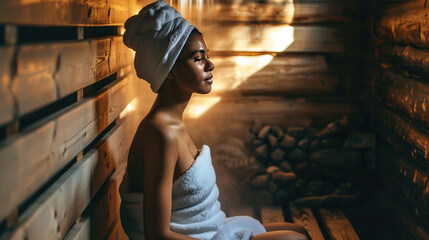 A beautiful young woman wearing a white towel takes a sauna. The sauna made of wood with a large window with a view of the snow. Concept of relax, vacation, wellness center.