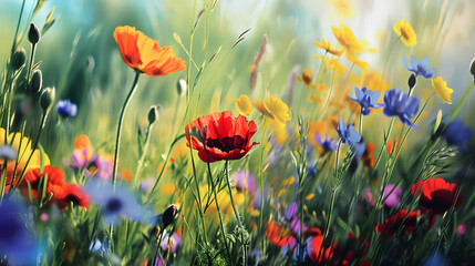 Obraz premium A vibrant meadow bursting with color, showcasing poppies, blue wildflowers, and yellow blooms bathed in warm sunlight.