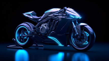 3d render motorcycle cyberpunk dark blue background