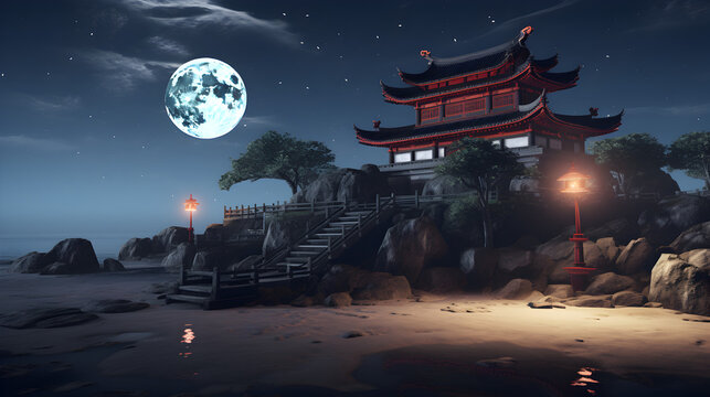 A chinese temple with a full moon in the background,,
Asian chinese cartoon style blue colors pagoda temple tower landscape.
