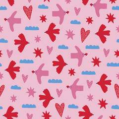 Valentine's Day seamless pattern with hearts, birds, stars and clouds
