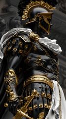 A powerful black and white representation of a Roman warrior statue