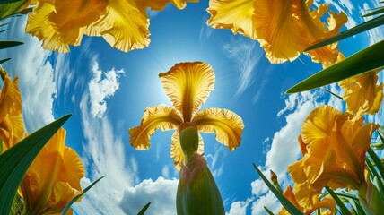 Beautiful yellow flowers from below against a blue sky background. Unusual angle on floral