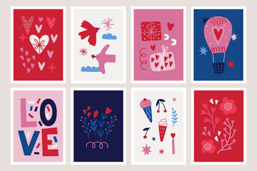 Fototapeta na wymiar Valentine's Day greeting cards with birds, gifts, hearts, cherry, flower