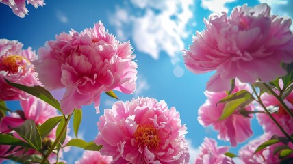 Fototapeta premium Beautiful flowers from below against a blue sky background. Unusual angle on floral