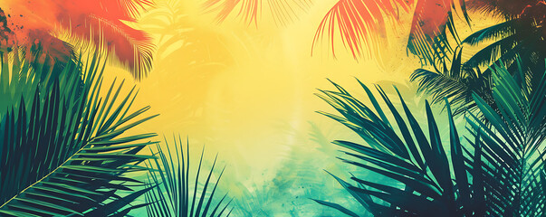 Fototapeta na wymiar Lush tropical gradient with vibrant greens, yellows, and blues, adding a grainy texture for an exotic travel poster design