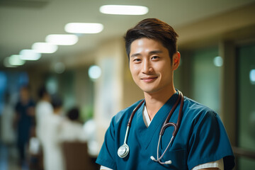 Confident Male Nurse Smiling in Hospital Corridor