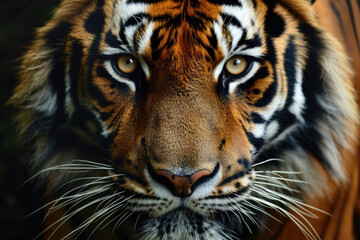 Close-up of a tiger's face with piercing eyes and striking stripes, majestic and wild.