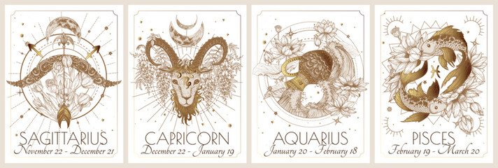 Vector set of the 4 second zodiac signs in flowers. Gold on a white background. Sagittarius, Capricorn, Aquarius, Pisces - obrazy, fototapety, plakaty