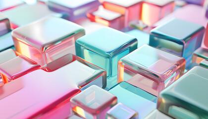 A vibrant and colorful display of glass cubes, showcasing a playful and modern aesthetic.