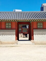Traditional Korean royal palace houses with roof tiles in old downtown district Seoul, South Korea