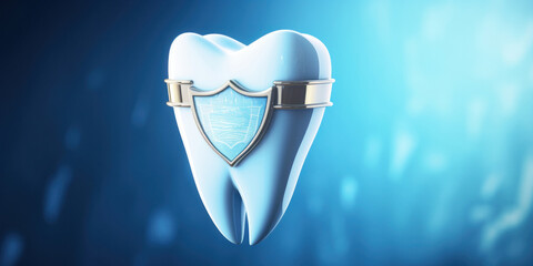 The molar tooth is protected by a shield on a blue background. Oral hygiene or dentistry product advertising banner concept.