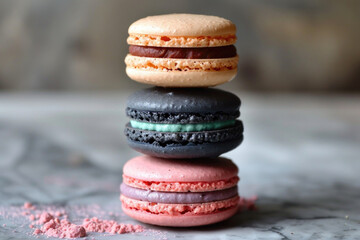 Fototapeta na wymiar Stack of three colorful macarons with different flavors on a marble surface, depicting sweet indulgence.