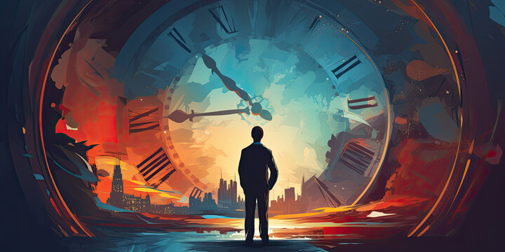 A man stand against the background of mechanical clock. The concept of time fluidity, rethinking lost time, time management.