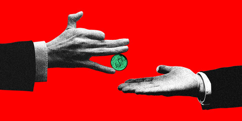 Hand giving coin to another hand, financial aid in crisis. Contemporary art collage. Banking....