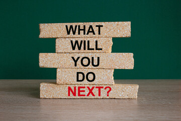 Concept red words What will you do next on brick blocks. Beautiful wooden table green background....