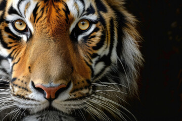 Fototapeta premium Symmetrical close-up of a tiger's face with soulful eyes, set against a dark background.