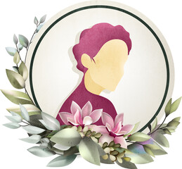 Vector Illustration of a woman with flowers in a round frame
