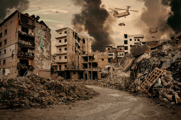 Enemy helicopters above the sky of the destroyed city - obrazy, fototapety, plakaty