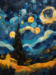 A starry night landscape reminiscent of Van Gogh, with swirling brushstrokes and vivid hues. AI Generated

