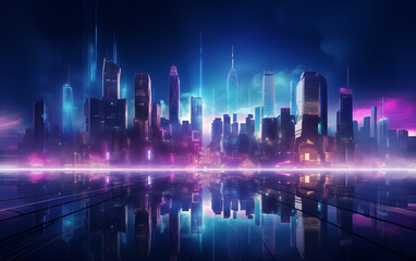 Fototapeta na wymiar Background illustration of a contemporary cityscape illuminated by vibrant neon lights.