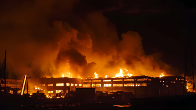 Industrial building engulfed in devastating nighttime re, exemplifying emergency response and disaster scenarios