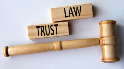 TRUST LAW - words on wooden blocks on a white background with a judge's gavel.