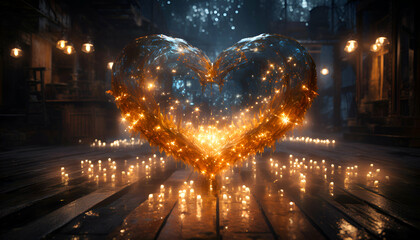 Heart shape made of glowing lights in the night city. 3D rendering