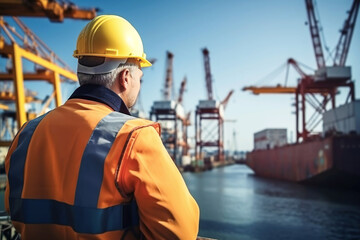 Man in a hard hat and work clothes stands against the background of the seaport. Support worker