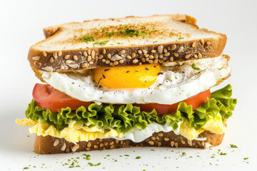 A gourmet egg sandwich presented against a pristine white backdrop