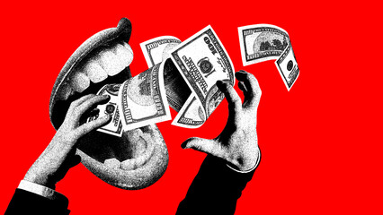 Black and white illustration of mouth eating money. Concept of financial literacy, economic,...